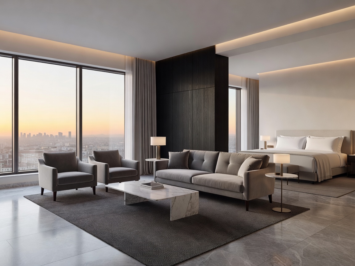 Modern luxury hotel suite interior with large windows